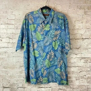 Tori Richard Men's XL Short Sleeve Button Down Shirt Blue Green Palm Leaves